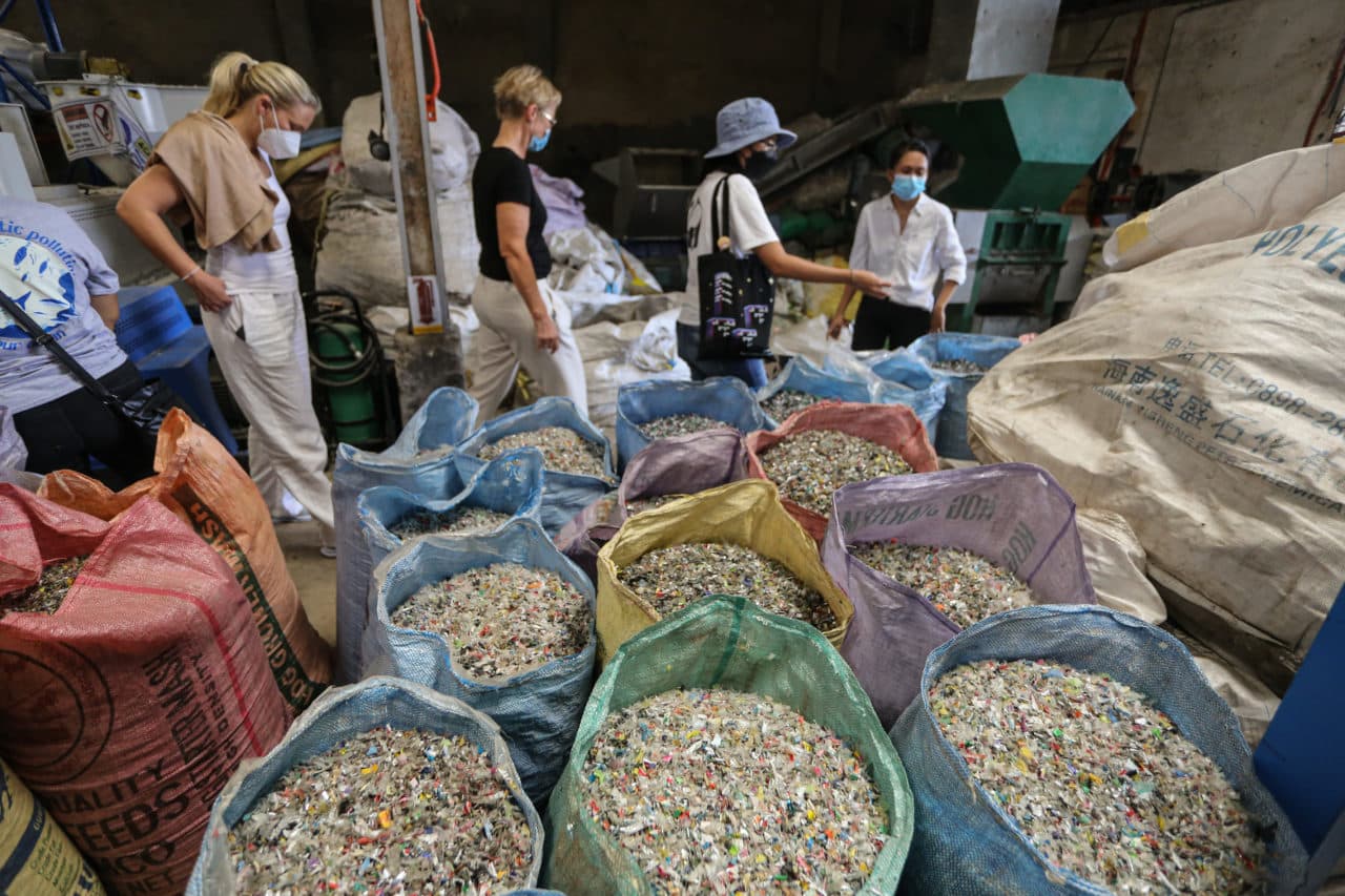 Shredded plastic in big bags ready to be recycled