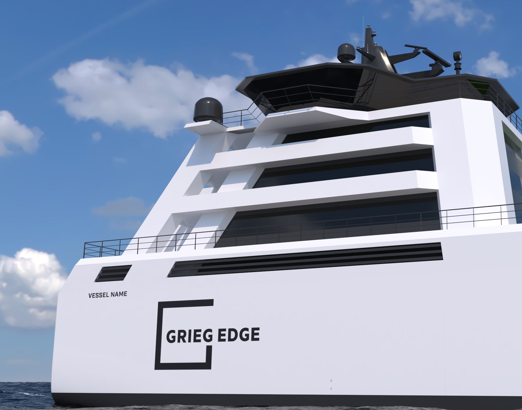 Grieg Edge ship from behind with logo.